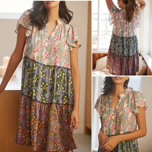 Anthropologie Penrose Tiered Tunic Dress Patchwork Floral Multicolor